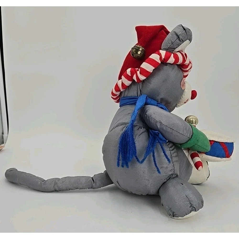 VTG Nylon Puffy Christmas Stuffy‎ Mouse Drum Plush Animal 90s **READ**